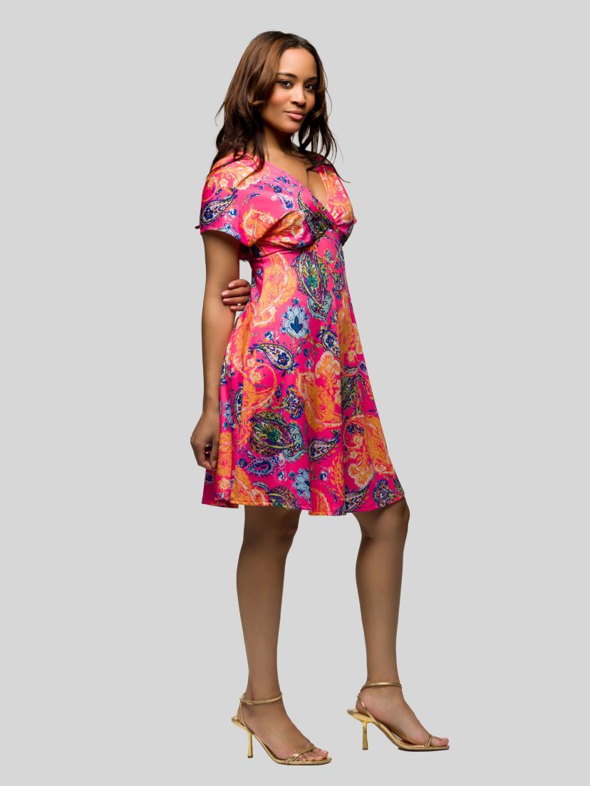 Womens Pink Paisley V Neck Empire Waist Knee Length Dress