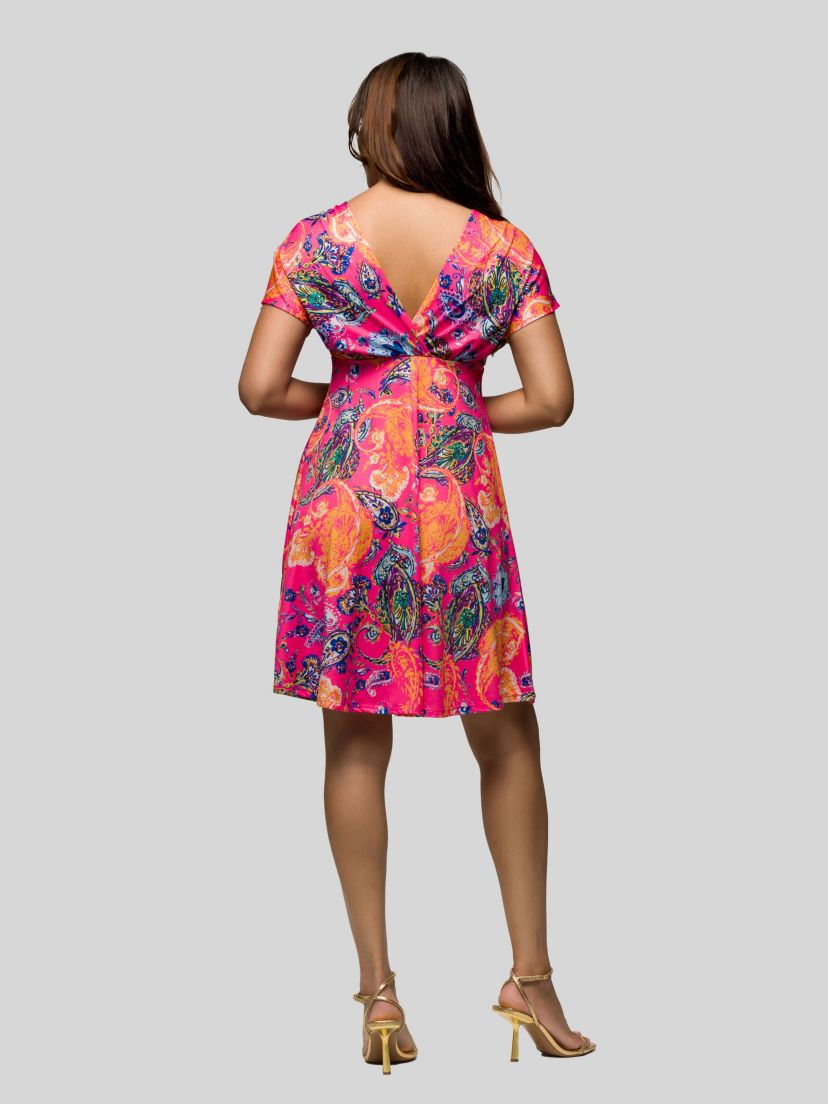 Womens Pink Paisley V Neck Empire Waist Knee Length Dress