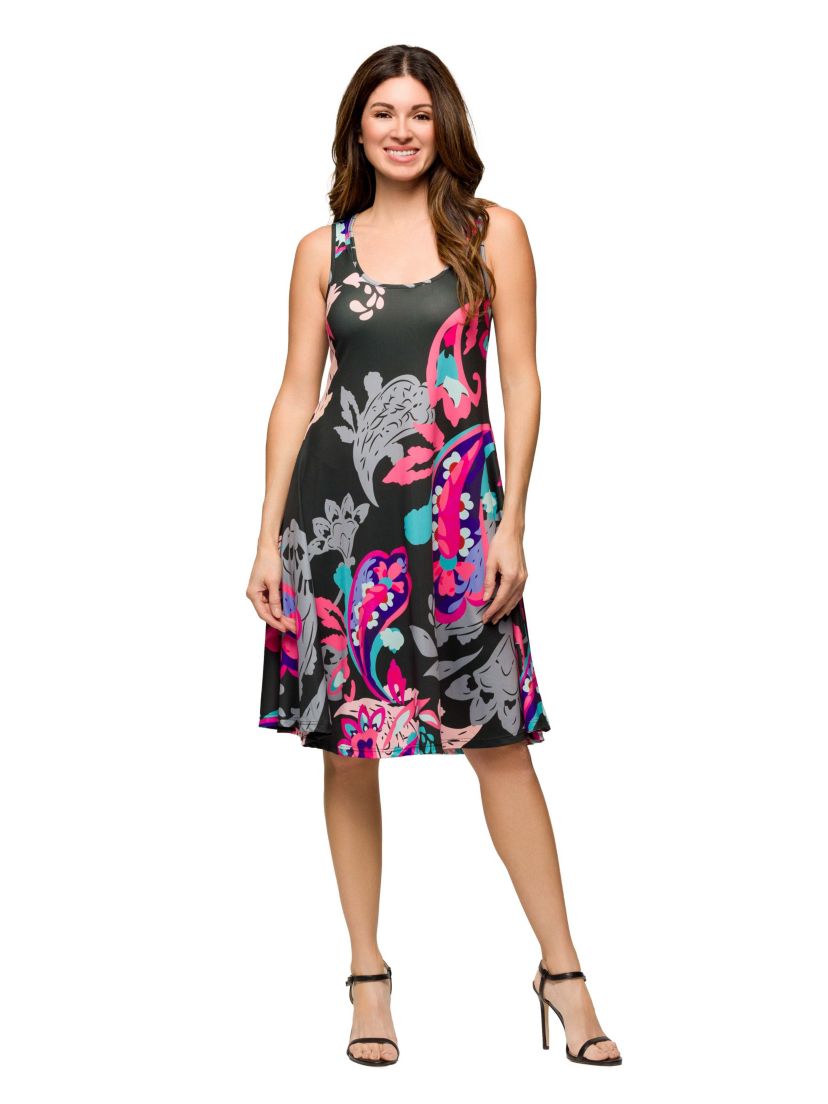 Womens Pink Paisley Print Sleeveless Knee Length Tank Swing Dress