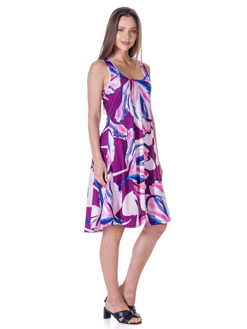 Womens Purple Floral Sleeveless Knee Length Tank Swing Dress