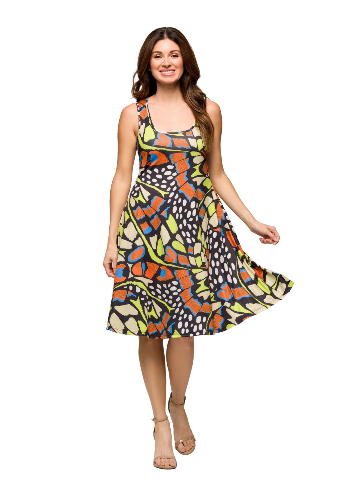 Womens Butterfly Print Sleeveless Knee Length Tank Swing Dress
