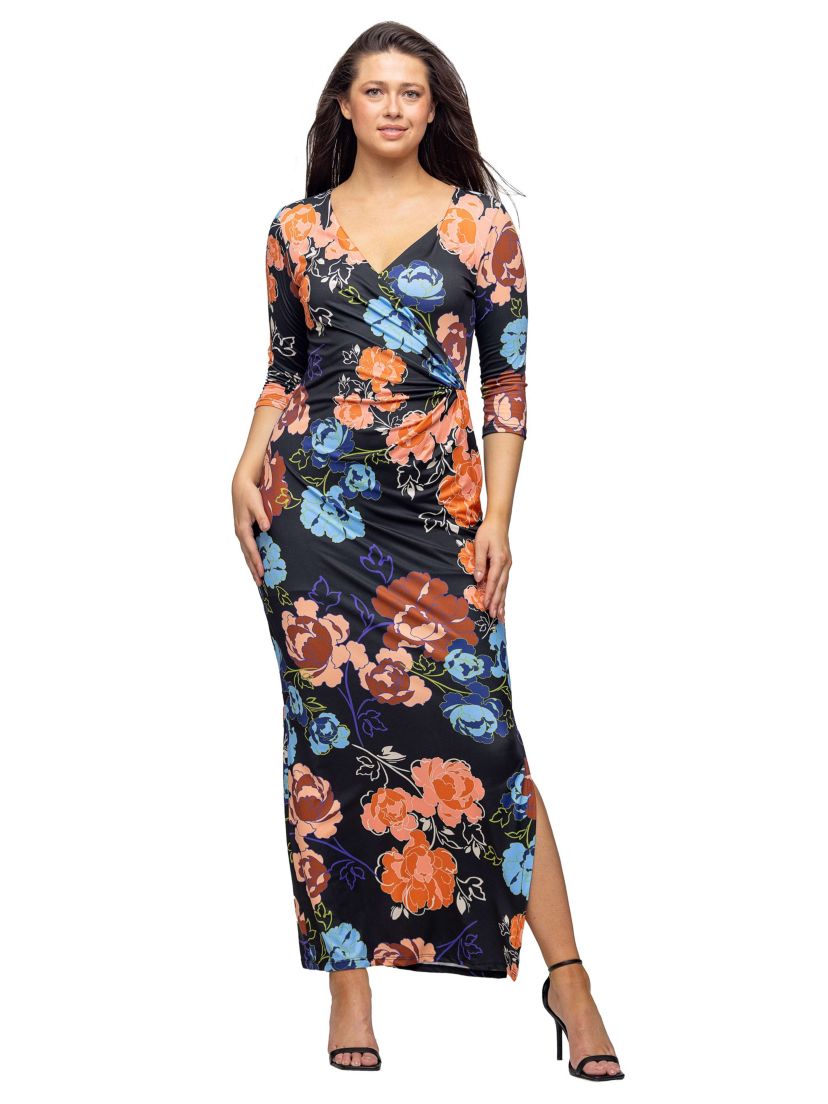 Womens Black Floral Three Quarter Sleeve Side Slit Maxi Dress