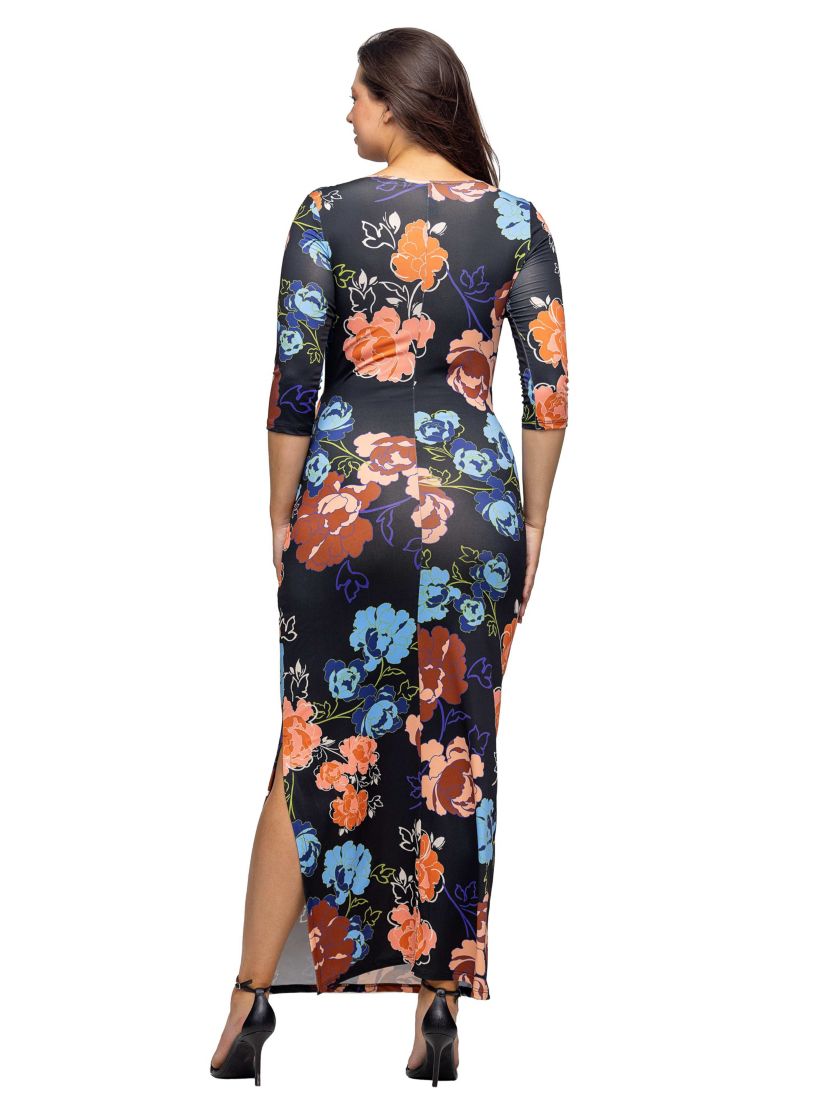 Womens Black Floral Three Quarter Sleeve Side Slit Maxi Dress