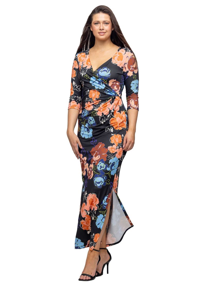 Womens Black Floral Three Quarter Sleeve Side Slit Maxi Dress