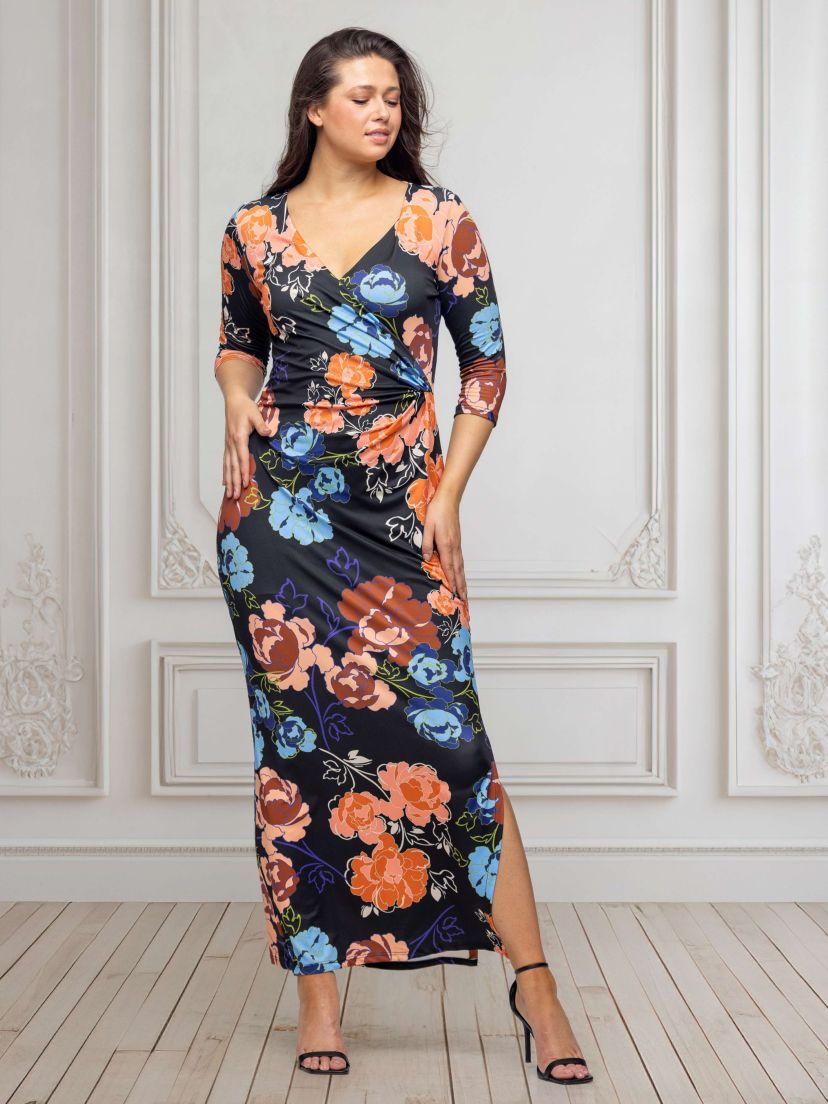 Womens Black Floral Three Quarter Sleeve Side Slit Maxi Dress