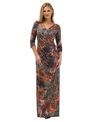 24seven Comfort Apparel Elevate Womens Animal Print Mid Sleeve V Neck Wrap Waist Slit Long Dress