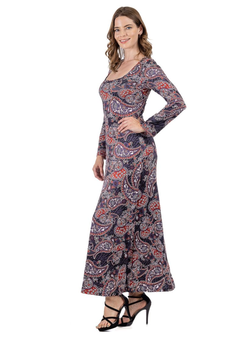 Long Sleeve Black Paisley A Line Maxi Dress