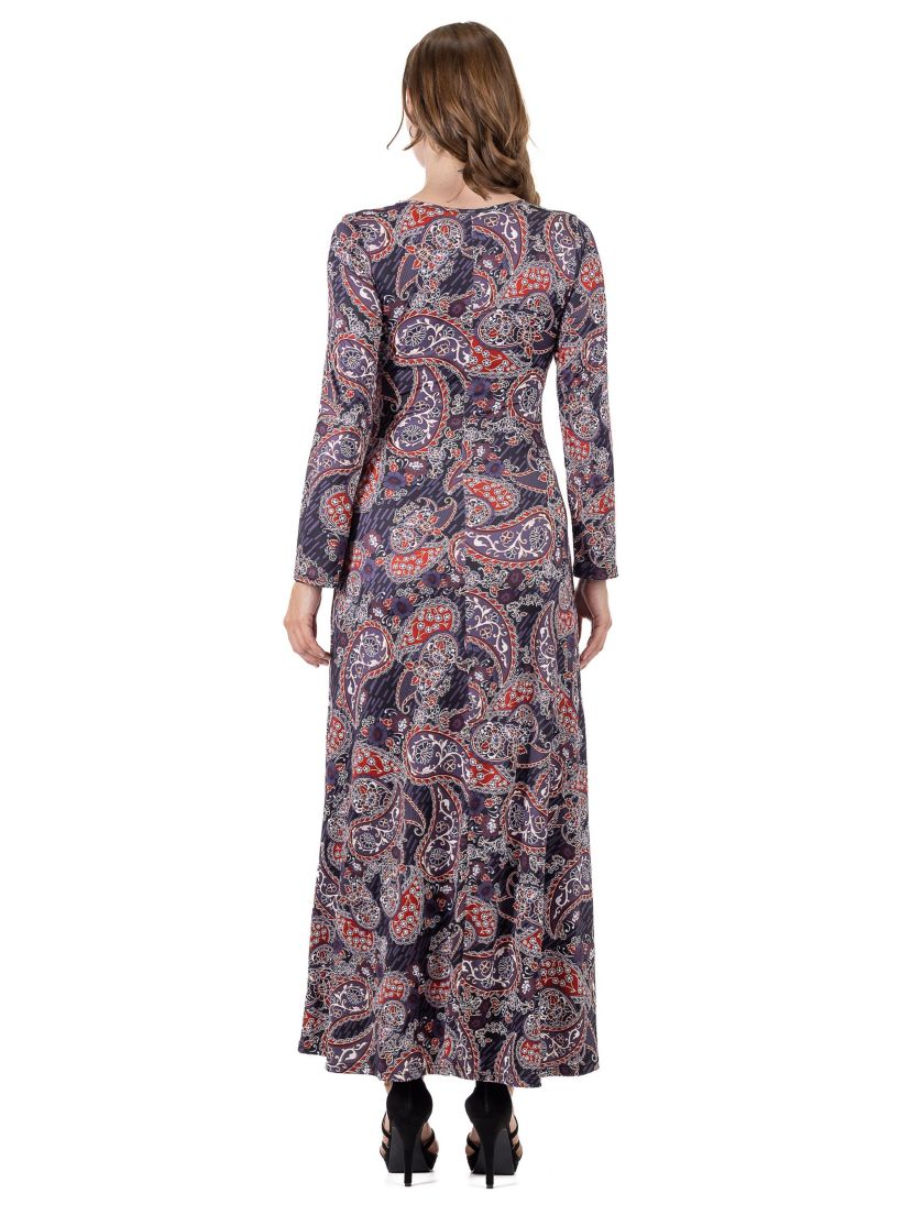 Long Sleeve Black Paisley A Line Maxi Dress