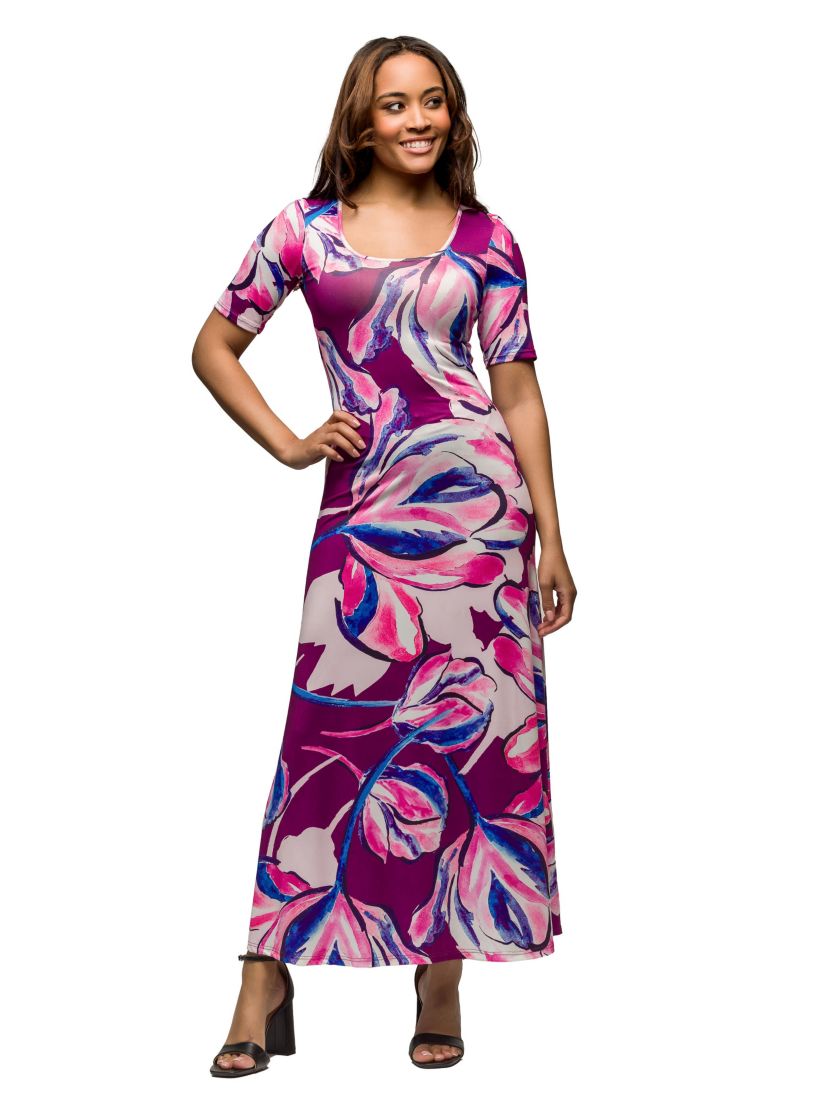 Womens Purple Floral Print Elbow Sleeve Casual A Line Maxi Dress