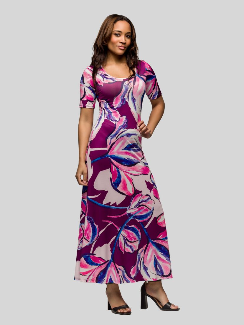 Womens Purple Floral Print Elbow Sleeve Casual A Line Maxi Dress