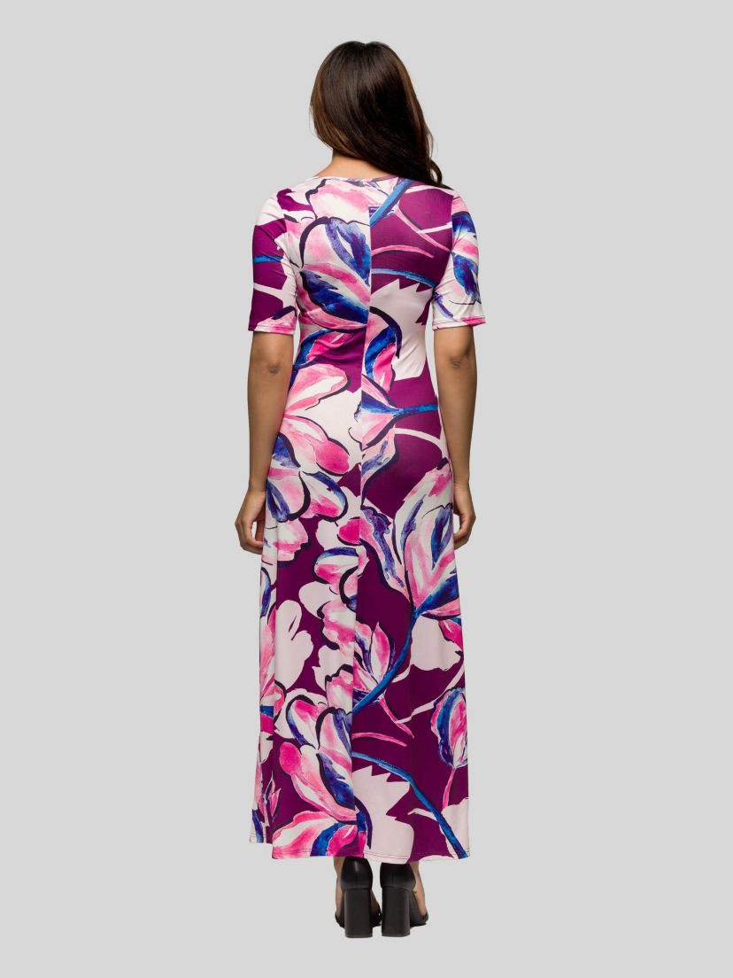 Womens Purple Floral Print Elbow Sleeve Casual A Line Maxi Dress