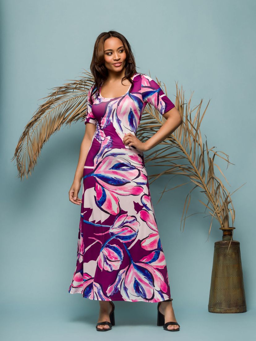 Womens Purple Floral Print Elbow Sleeve Casual A Line Maxi Dress