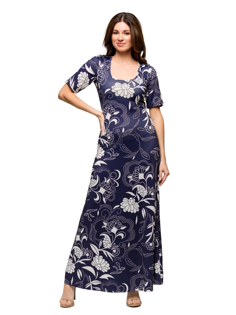 Womens Blue Floral Print Elbow Sleeve Casual A Line Maxi Dress