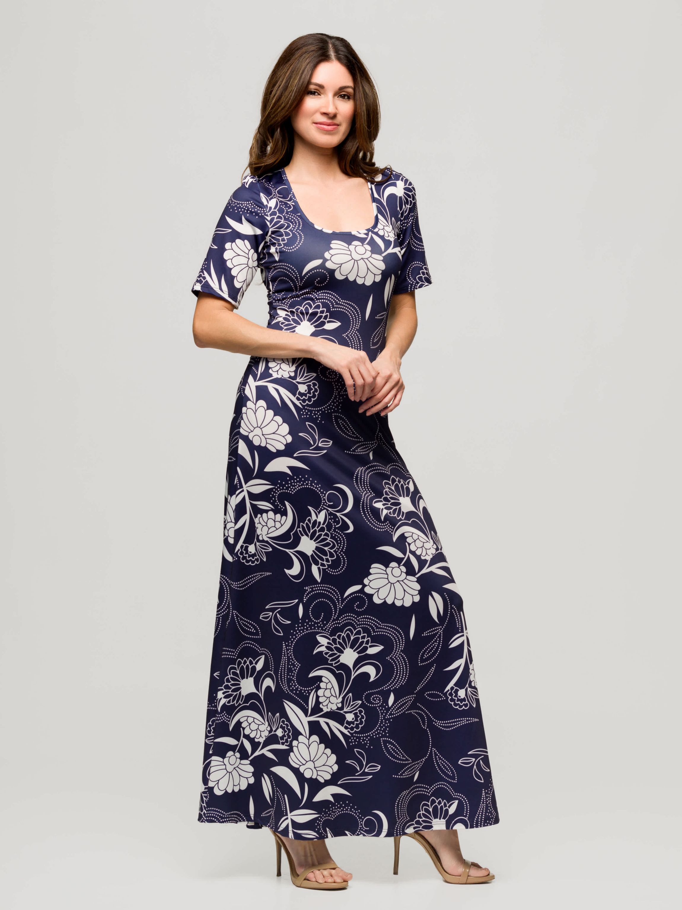 24seven Comfort Apparel Women's Elbow Sleeve Casual A Line Maxi Dress - Grey Multi - Size S