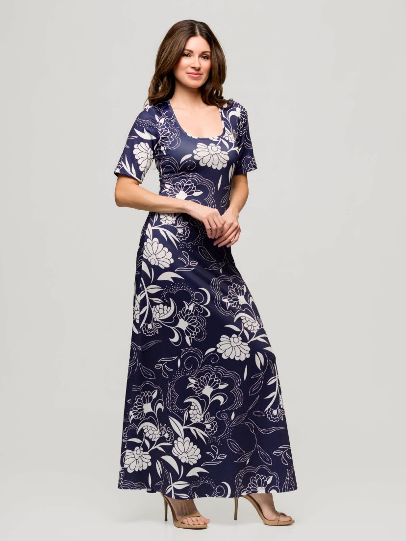 Womens Blue Floral Print Elbow Sleeve Casual A Line Maxi Dress