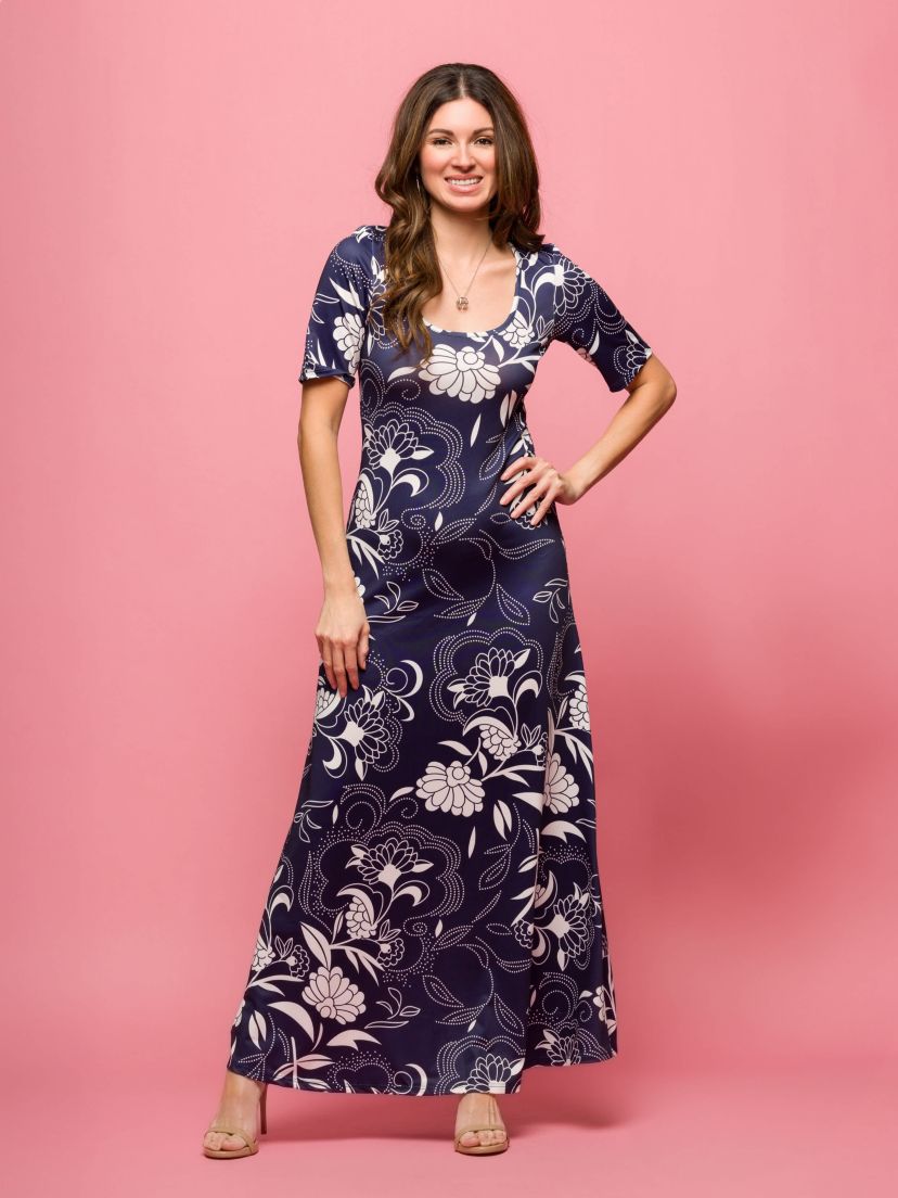 Womens Blue Floral Print Elbow Sleeve Casual A Line Maxi Dress