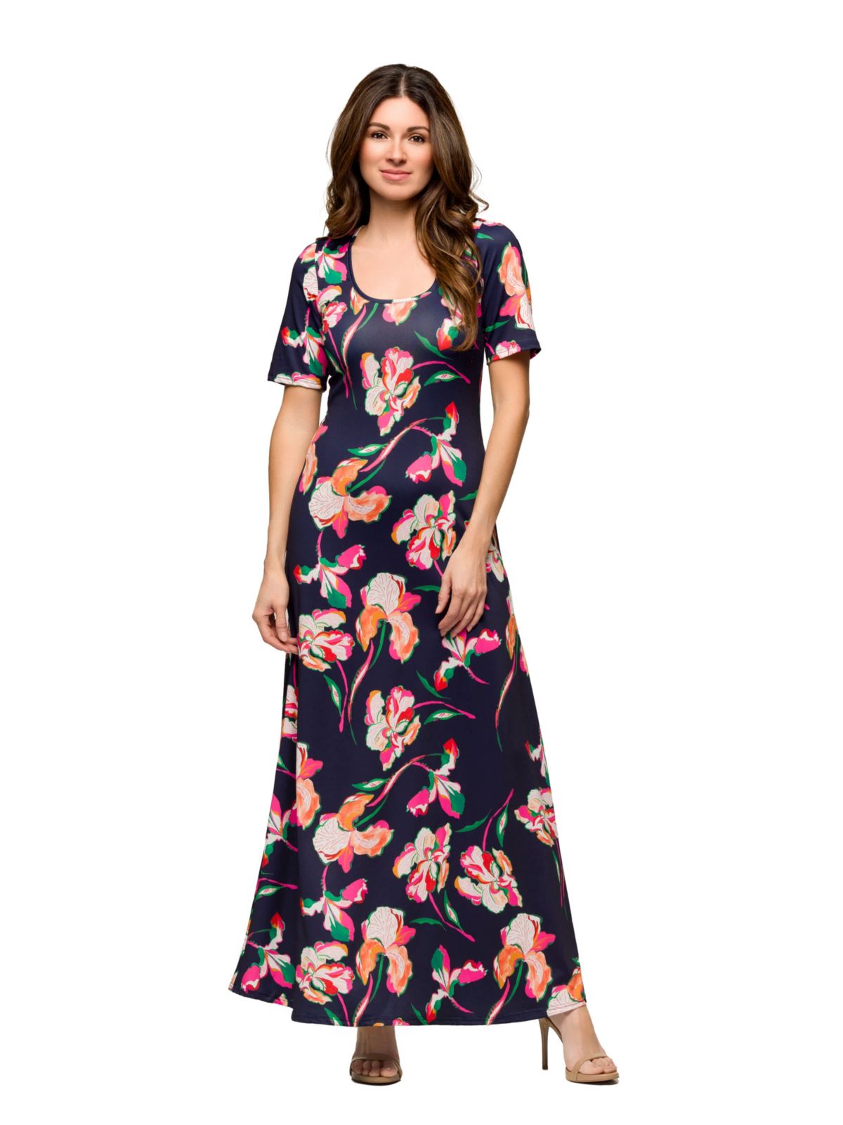 Womens Navy Floral Print Elbow Sleeve Casual A Line Maxi Dress