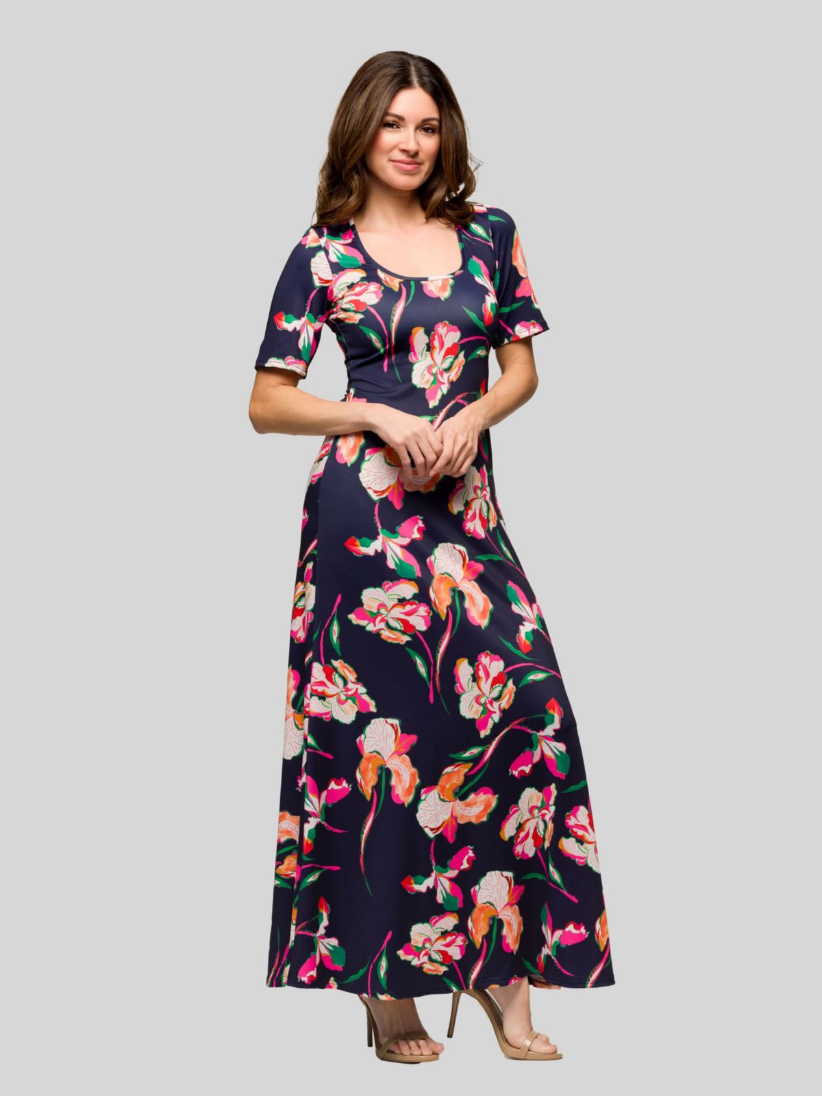 Womens Navy Floral Print Elbow Sleeve Casual A Line Maxi Dress