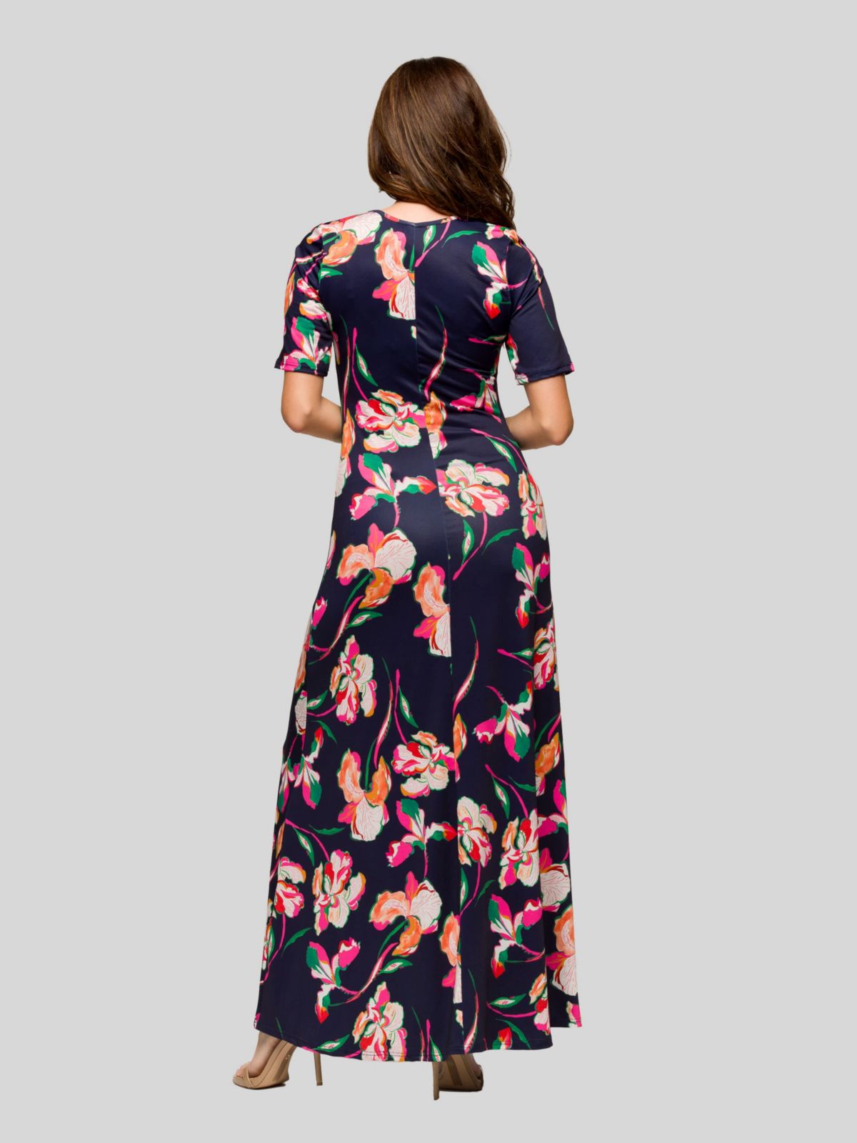Womens Navy Floral Print Elbow Sleeve Casual A Line Maxi Dress