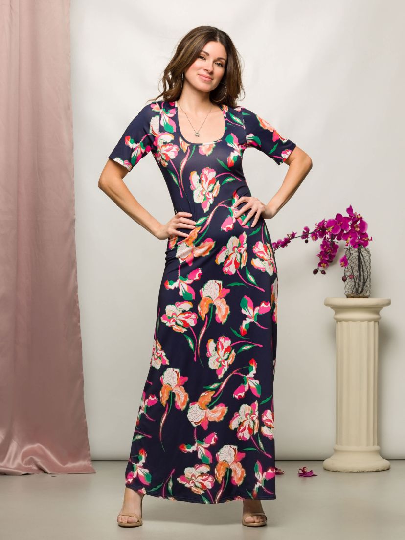 Womens Navy Floral Print Elbow Sleeve Casual A Line Maxi Dress