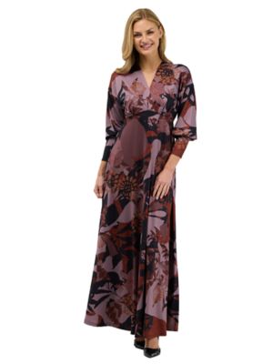 24seven Comfort Apparel Elevate Womens V-Neck Three-Quarter Sleeve Floral Maxi Dress
