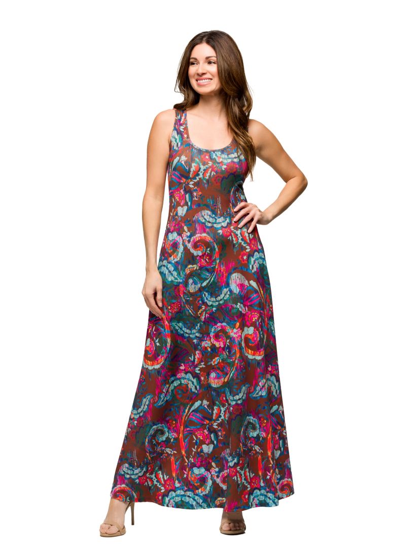 Womens Pink and Brown Print Scoop Neck A Line Sleeveless Maxi Dress