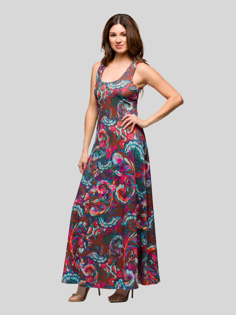 Womens Pink and Brown Print Scoop Neck A Line Sleeveless Maxi Dress