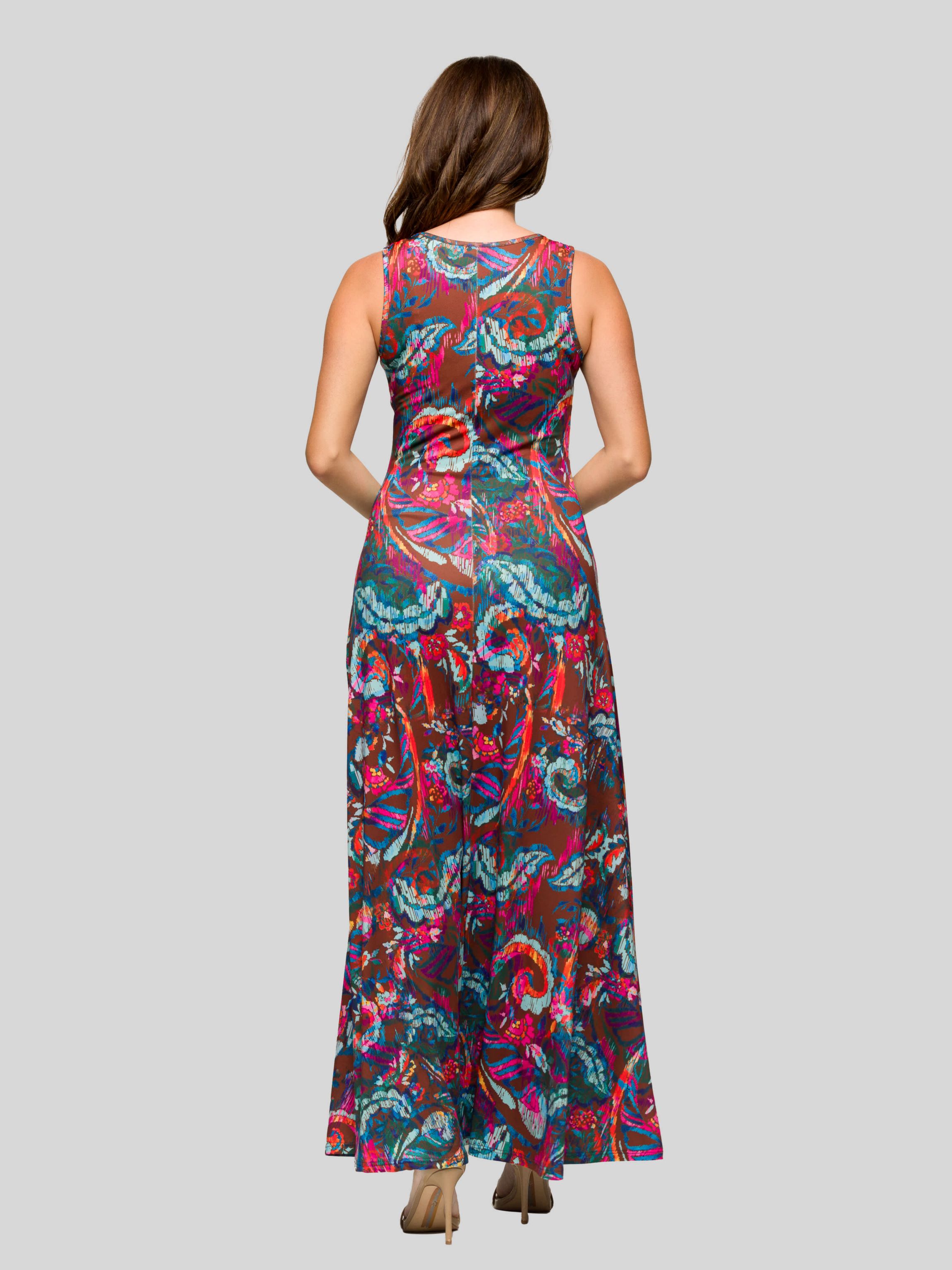 Womens Pink and Brown Print Scoop Neck A Line Sleeveless Maxi Dress