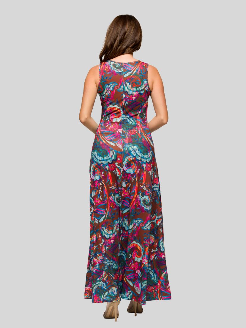 Womens Pink and Brown Print Scoop Neck A Line Sleeveless Maxi Dress