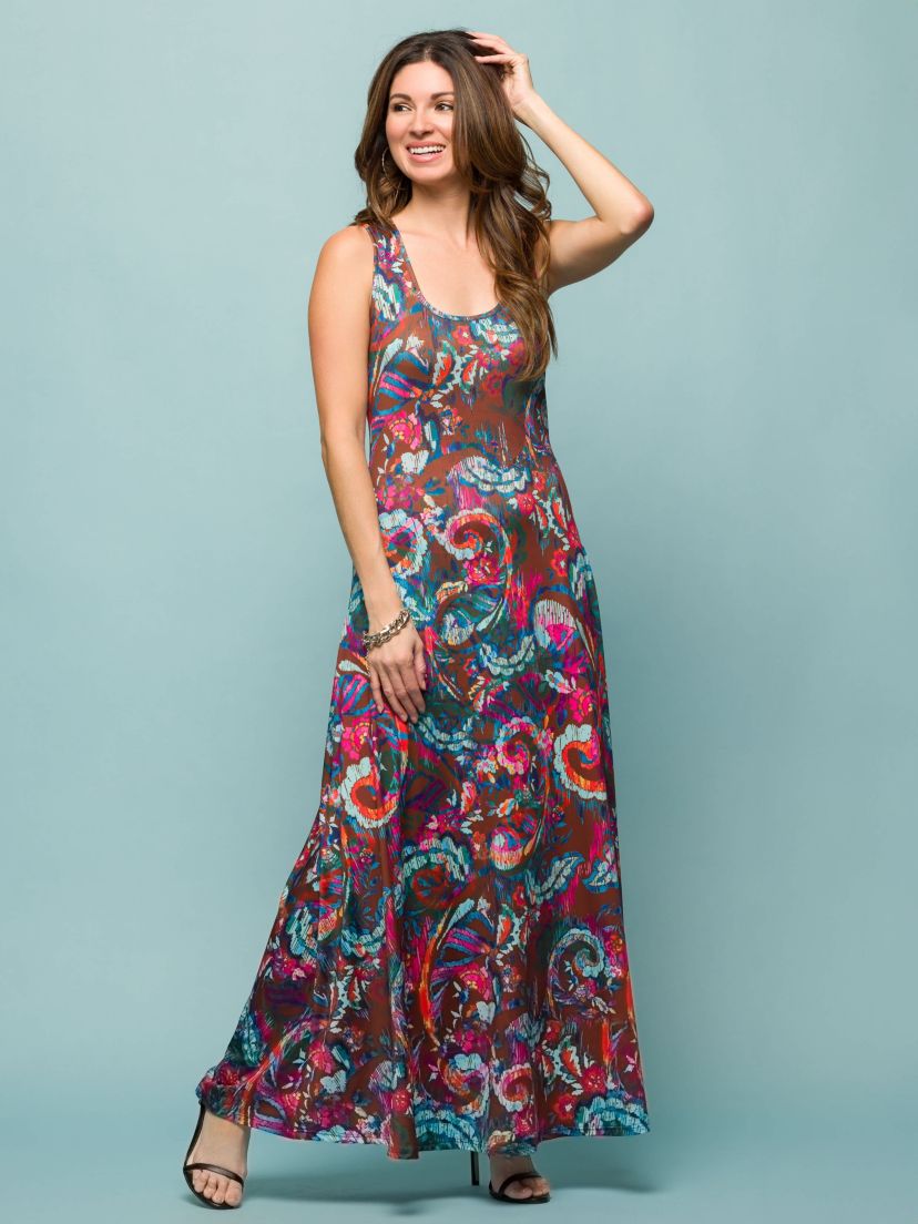 Womens Pink and Brown Print Scoop Neck A Line Sleeveless Maxi Dress