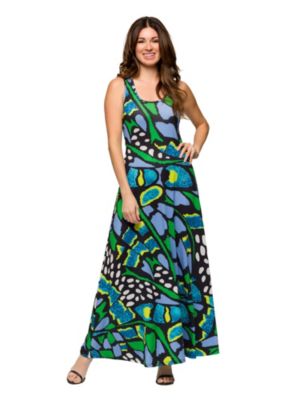 24seven Comfort Apparel Womens Blue Butterfly Print Scoop Neck A Line Sleeveless Maxi Dress, Green, Medium