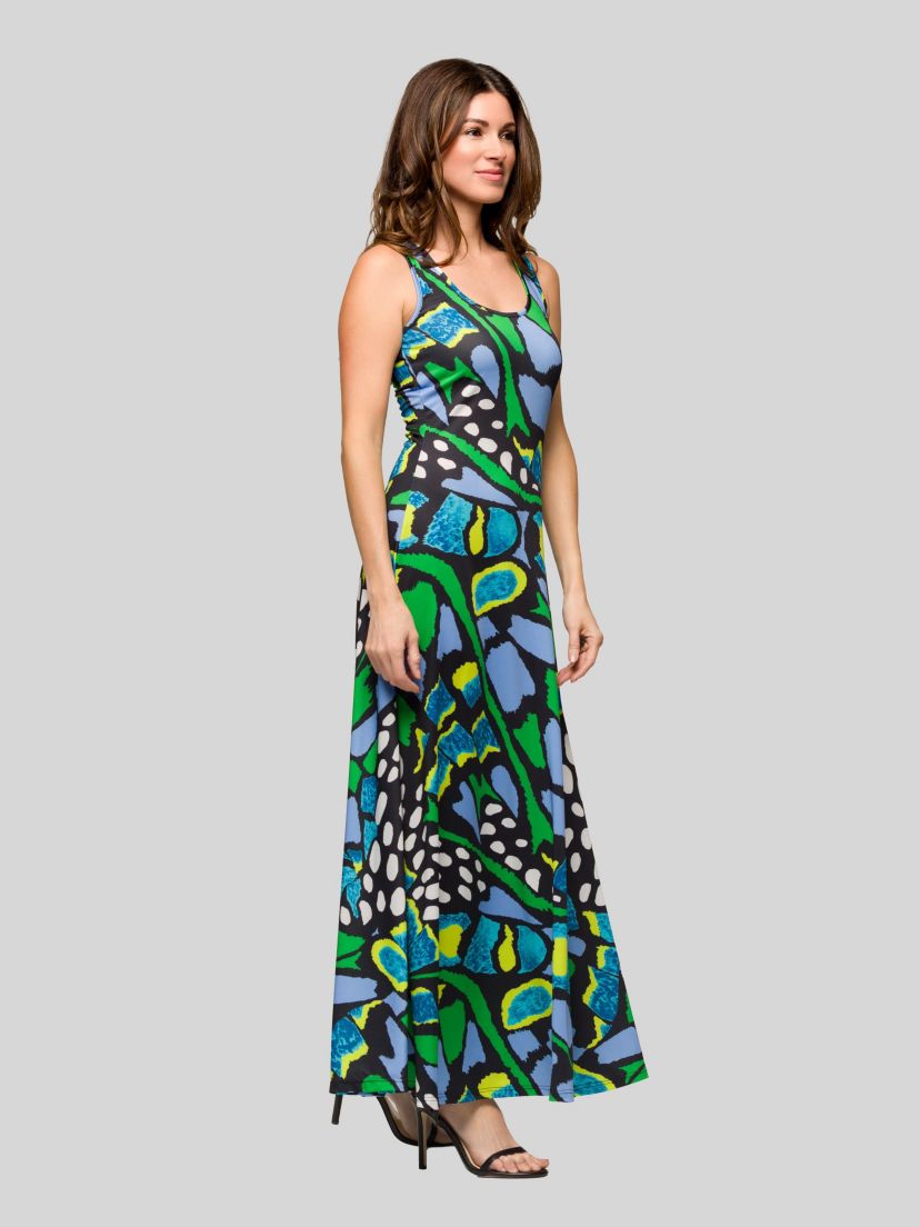 Womens Blue Butterfly Print Scoop Neck A Line Sleeveless Maxi Dress