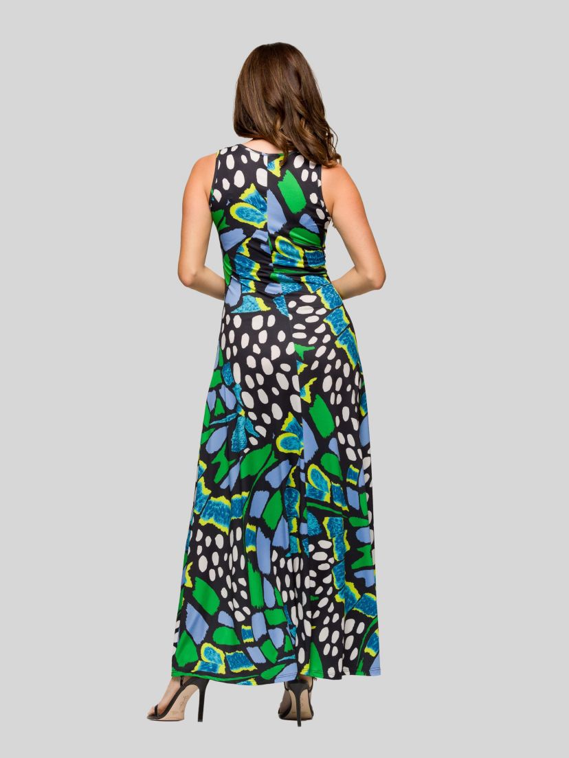 Womens Blue Butterfly Print Scoop Neck A Line Sleeveless Maxi Dress