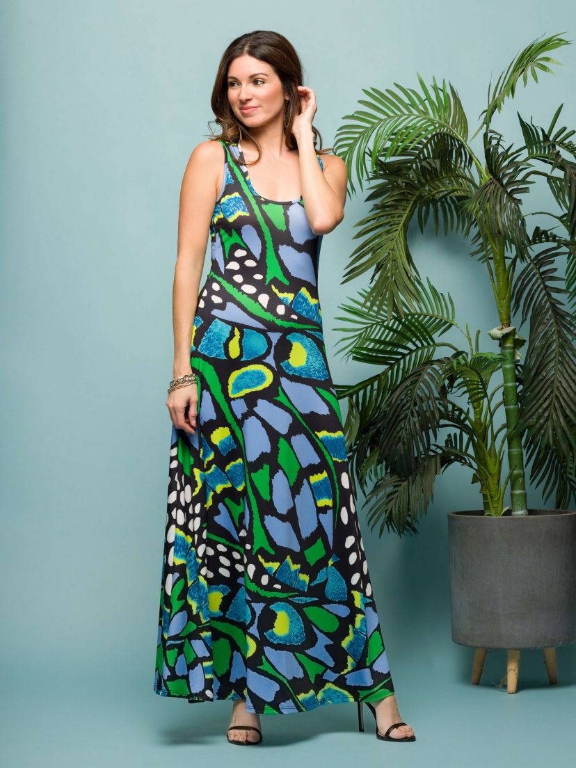 Womens Blue Butterfly Print Scoop Neck A Line Sleeveless Maxi Dress