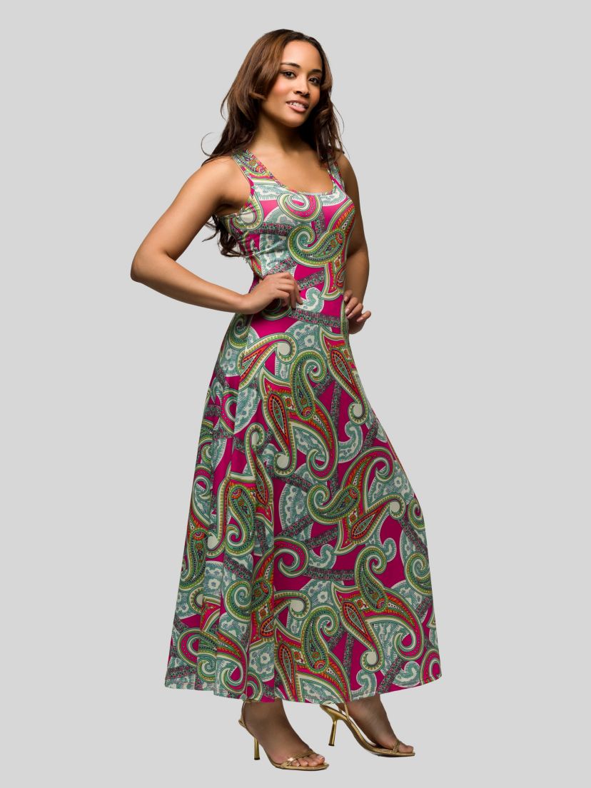 Womens Hot Pink Paisley Print Scoop Neck A Line Sleeveless Maxi Dress