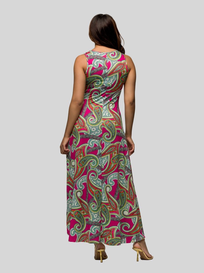 Womens Hot Pink Paisley Print Scoop Neck A Line Sleeveless Maxi Dress