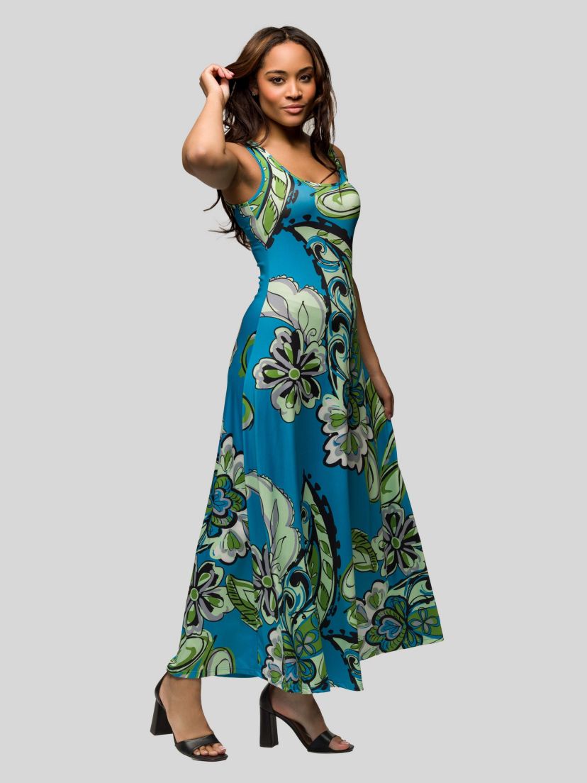 Womens Blue Paisley Print Scoop Neck A Line Sleeveless Maxi Dress