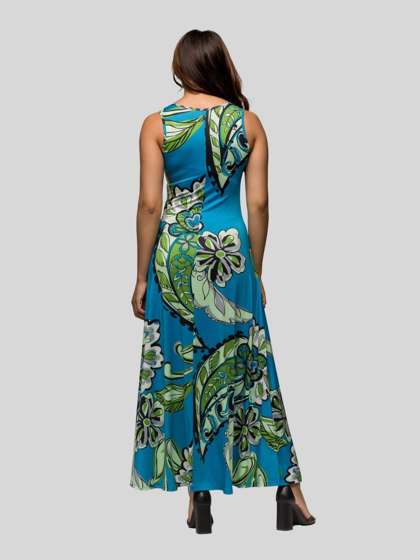 Womens Blue Paisley Print Scoop Neck A Line Sleeveless Maxi Dress