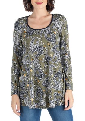24seven Comfort Apparel Women's Army Green Paisley Long Sleeve Tunic Top