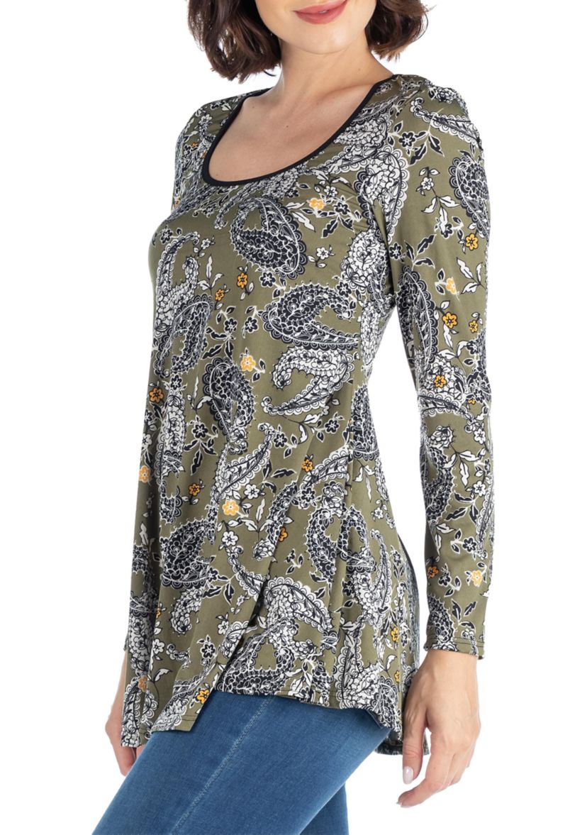 Army Green Paisley Long Sleeve Tunic Top