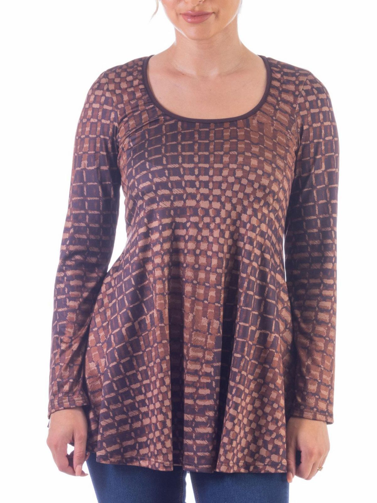 Brown Scoop Neck Long Sleeve Tunic Top