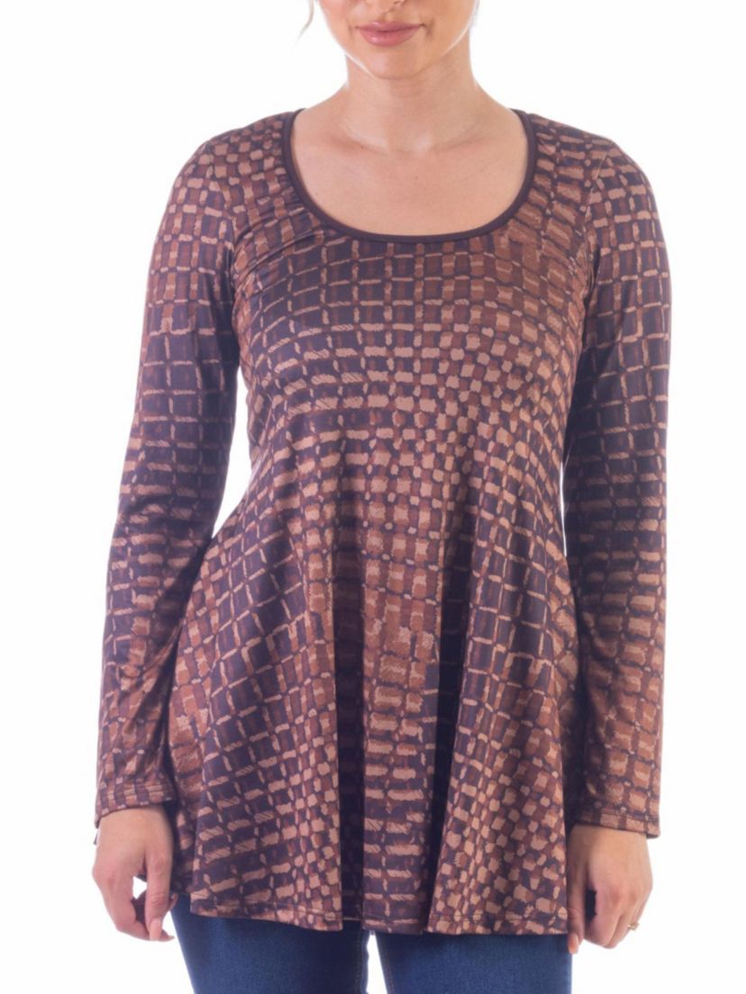 Brown Scoop Neck Long Sleeve Tunic Top
