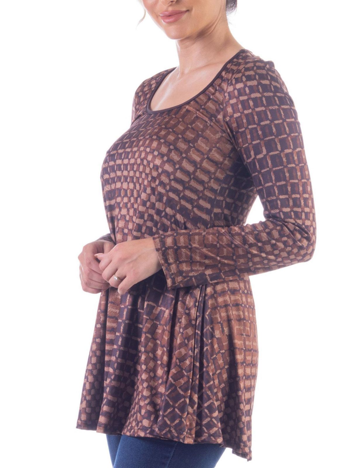 Brown Scoop Neck Long Sleeve Tunic Top