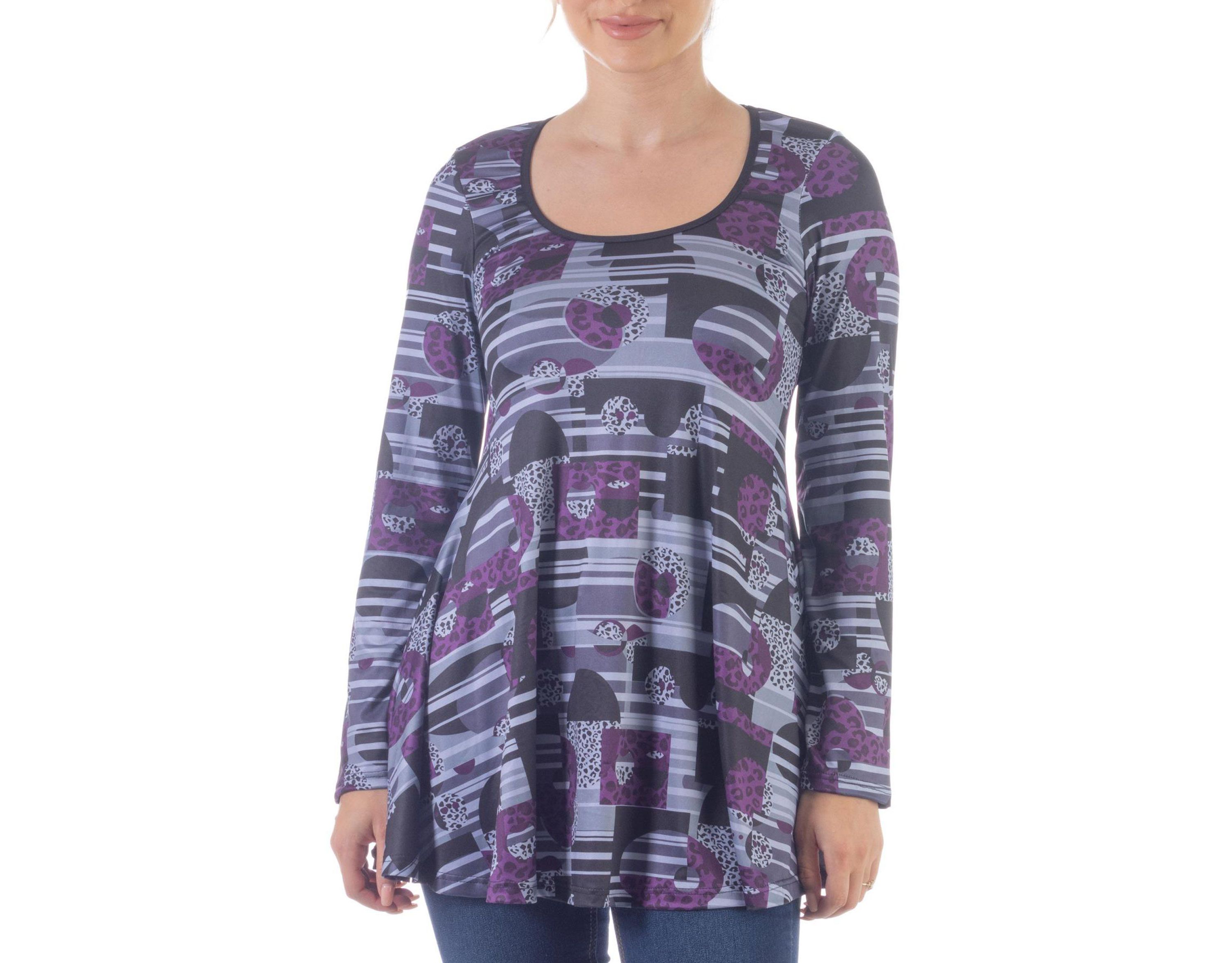 Purple Print Scoop Neck Long Sleeve Tunic Top