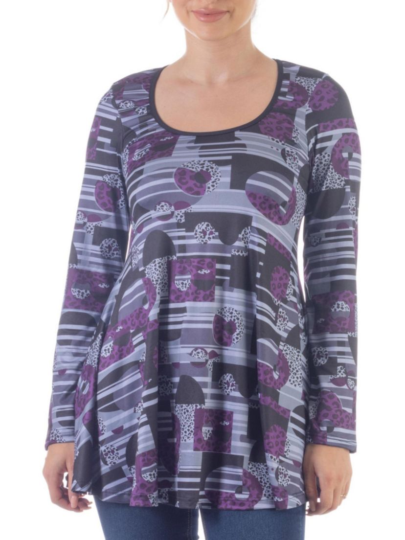Purple Print Scoop Neck Long Sleeve Tunic Top