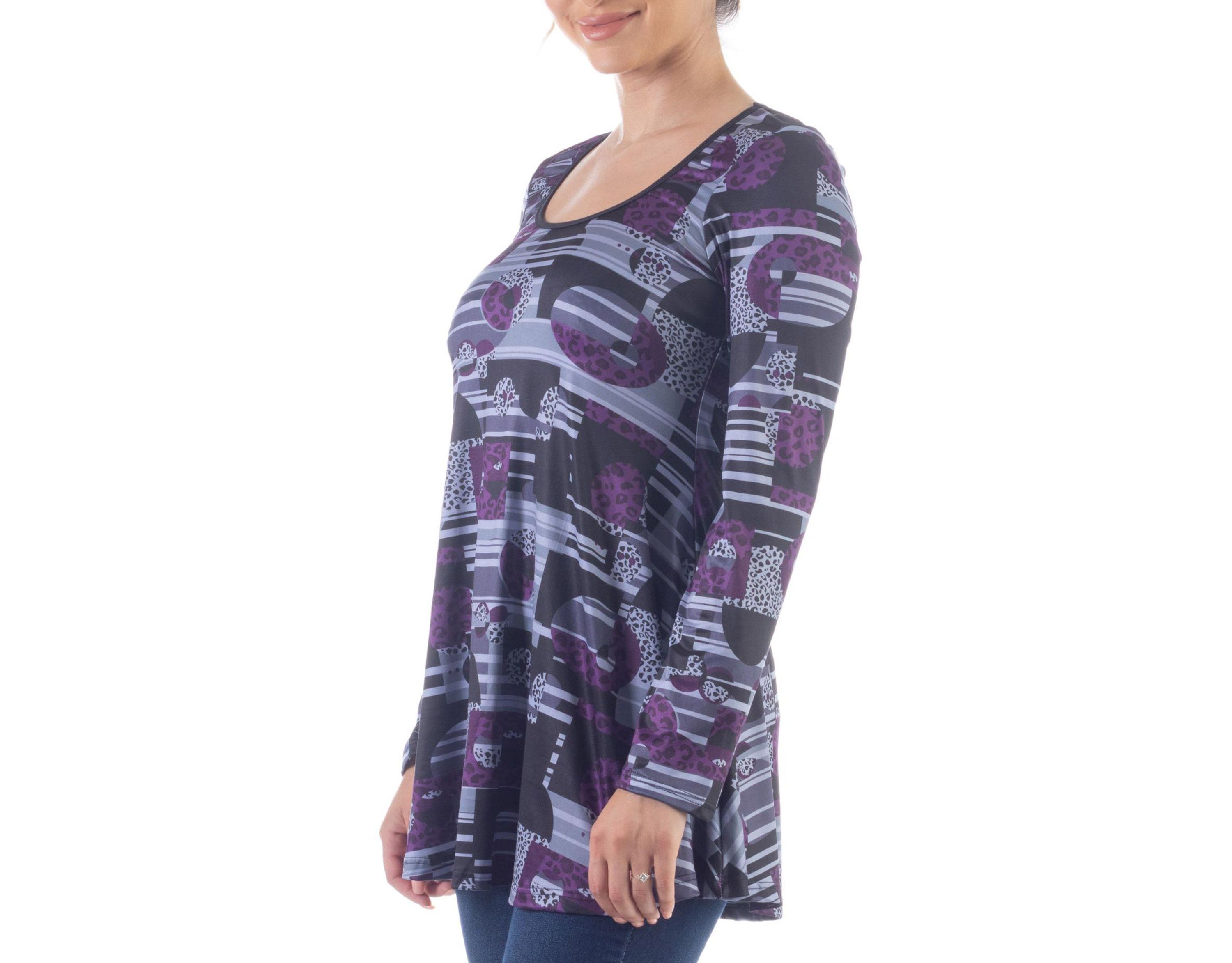 Purple Print Scoop Neck Long Sleeve Tunic Top