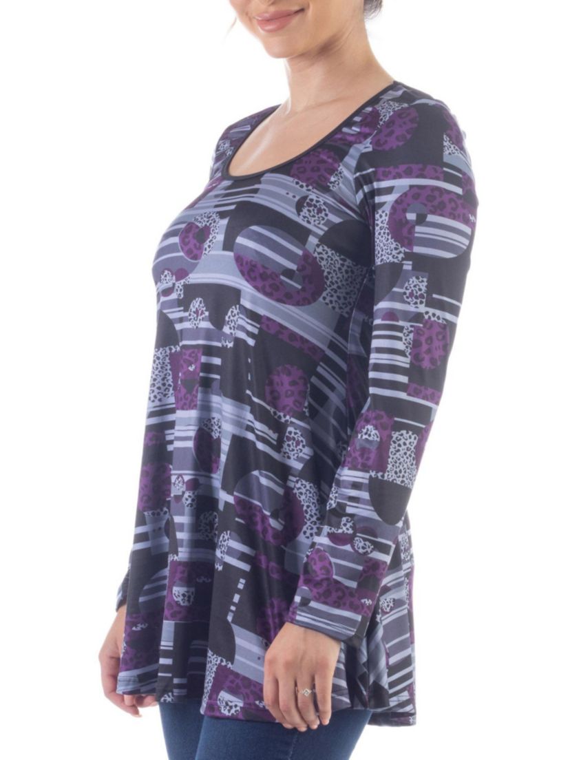 Purple Print Scoop Neck Long Sleeve Tunic Top