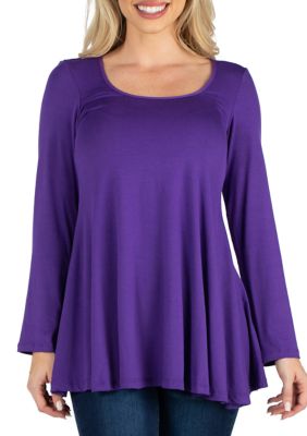 24seven Comfort Apparel Women's Long Sleeve Solid Color Swing Style Flared Tunic Top