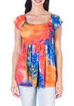 Womens Tie Dye Square Neck Pleated Tunic Top