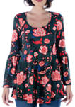 Womens Floral Print Bell Sleeve Tunic Top